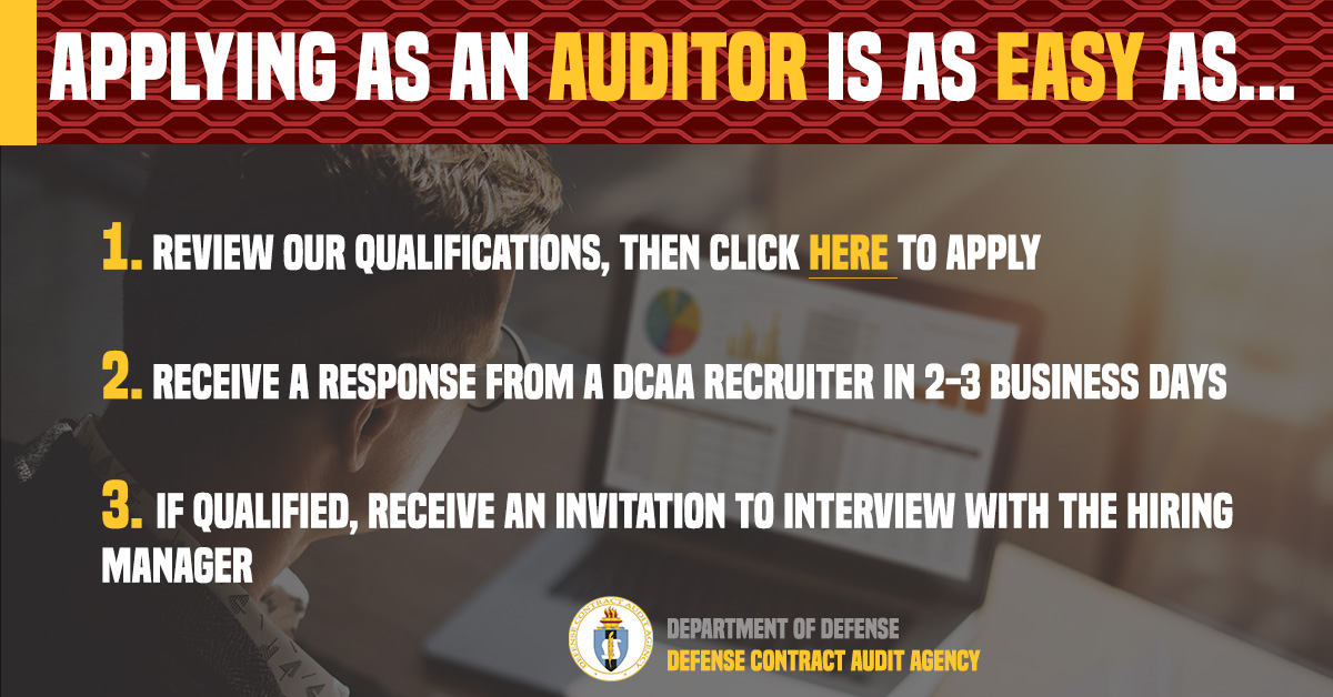 Apply to DCAA graphic. Steps to apply are review qualifications, apply on DCAA website, wait for response from DCAA, and finally attend an interview. 