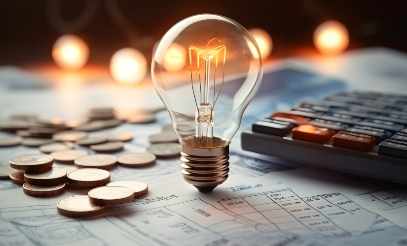 Lightbulb on desk with coins and a calculator.