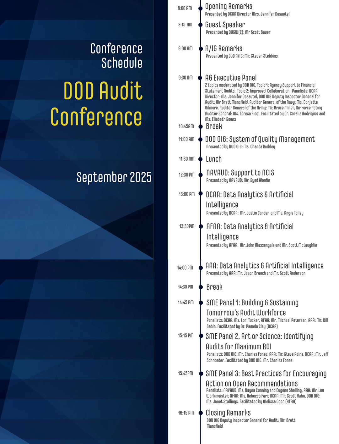 Different shades of blue background with times and titles of events happening in the agenda