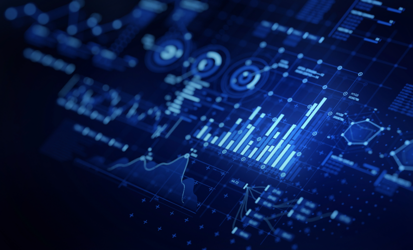 Technological screen with graphs and charts.